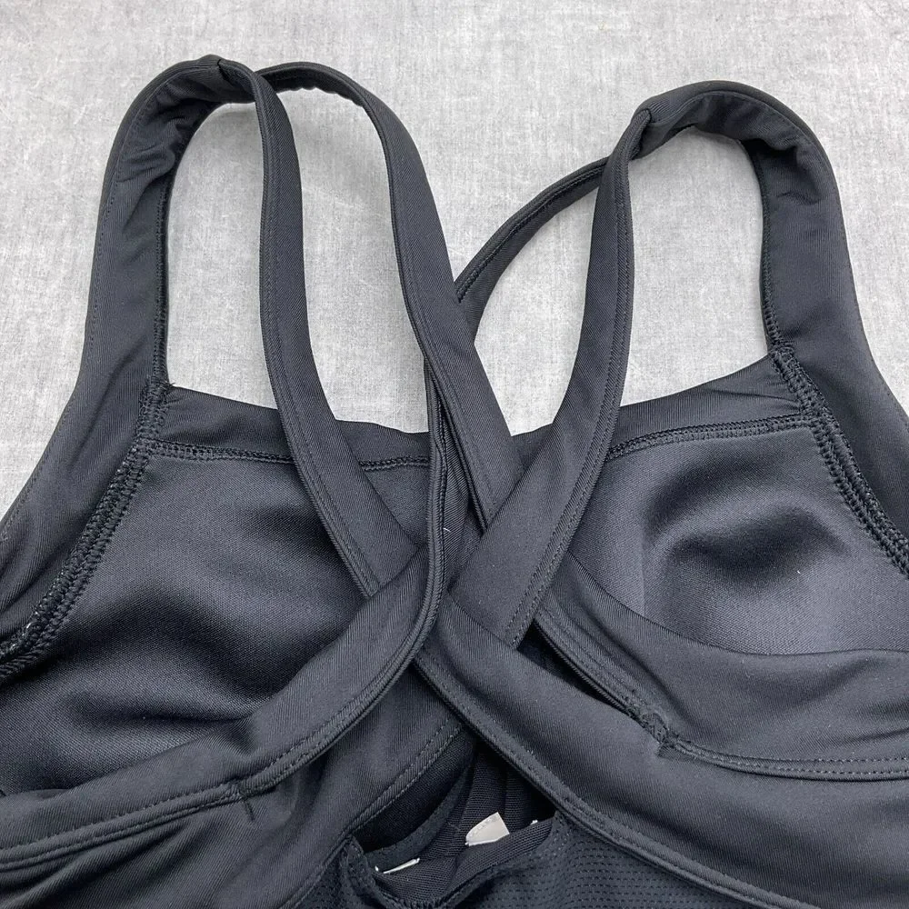 Athleta Tankini Top Women Medium Black Blouson Mesh Double Cross Pads Bra Swim‎